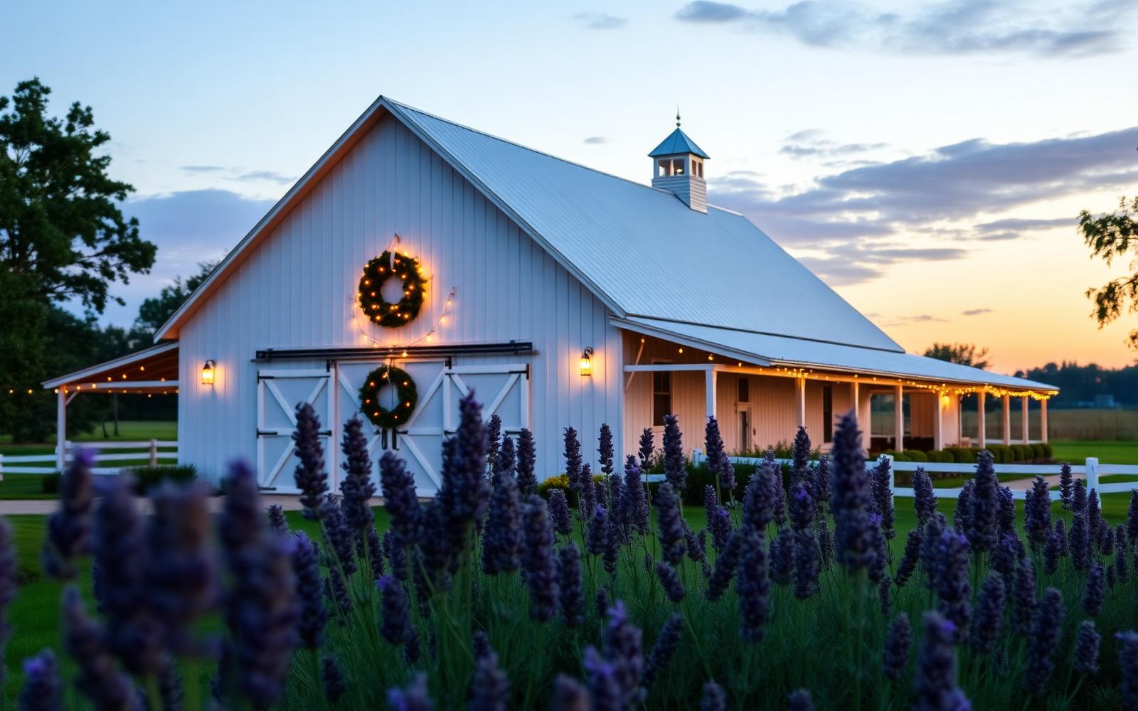 White farmhouse barn at dusk with lavender in the foreground